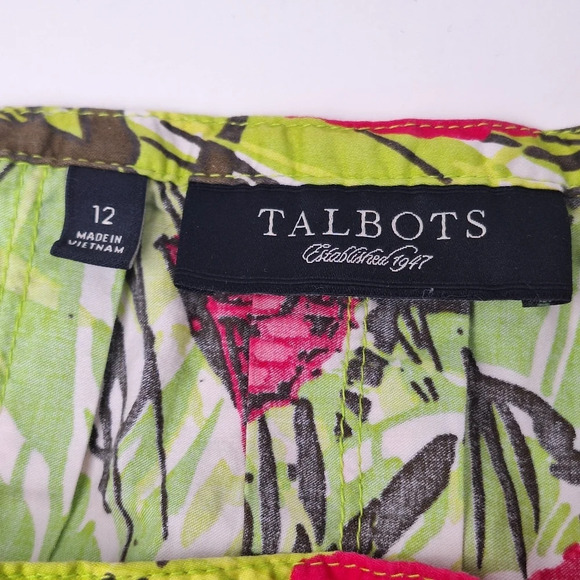 Talbots Size 12 Green Red Floral Butterfly Pleated Side Zip Cotton A-Line Skirt - Picture 9 of 12